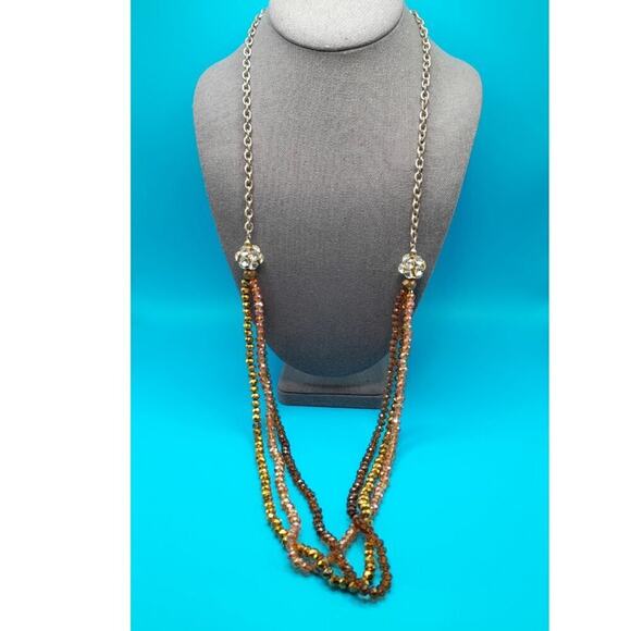 Long Crystal Necklace, Three Crystal Strands, Clear Rhinestone Beads, 37 Inches - Picture 2 of 10